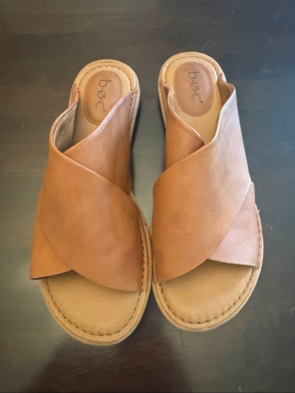 b.o.c. Tan Leather Crisscross Mule Sandals